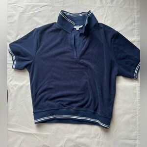 Navy Blue Terry Cloth Polo Shirt Short Sleeve Size M